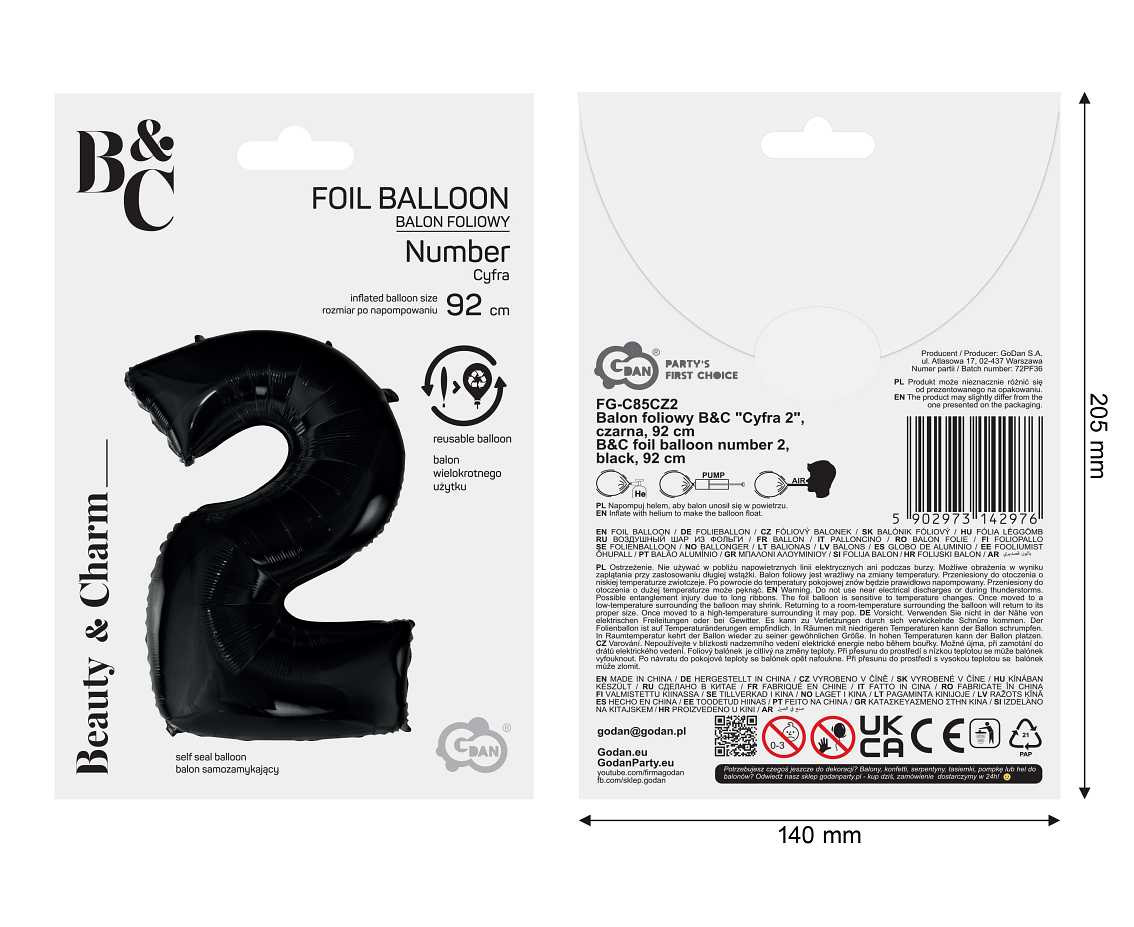 Foil balloon B&C digit 2, black, 92 cm